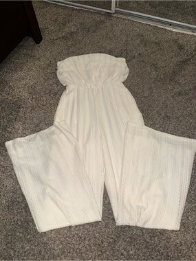 Express Strapless Cream Textured Wide-Leg Jumpsuit